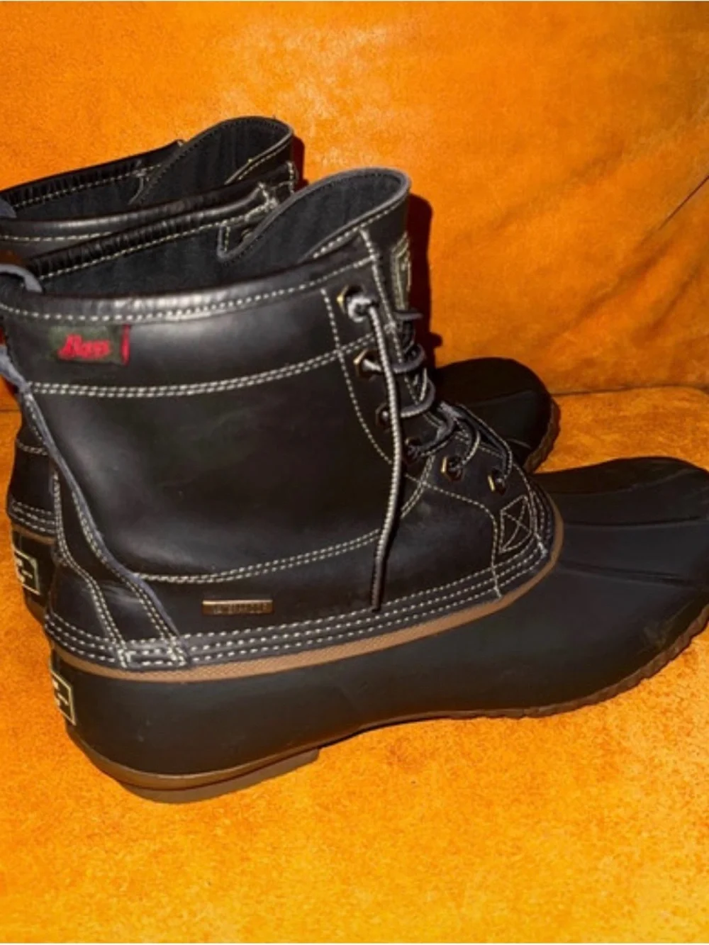 Bass Men's Black Waterproof Duck Boots with Brown Trim